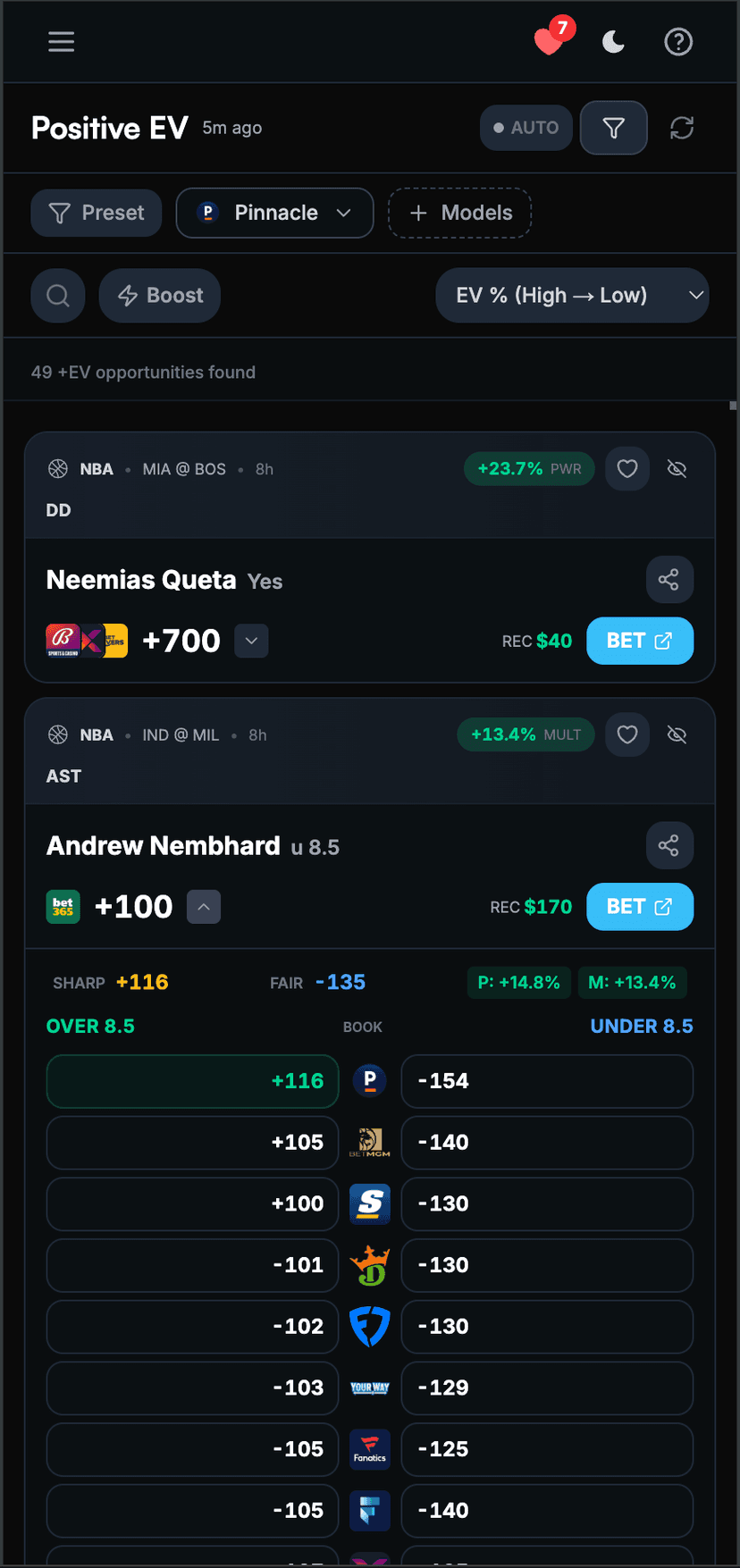 Positive EV mobile preview