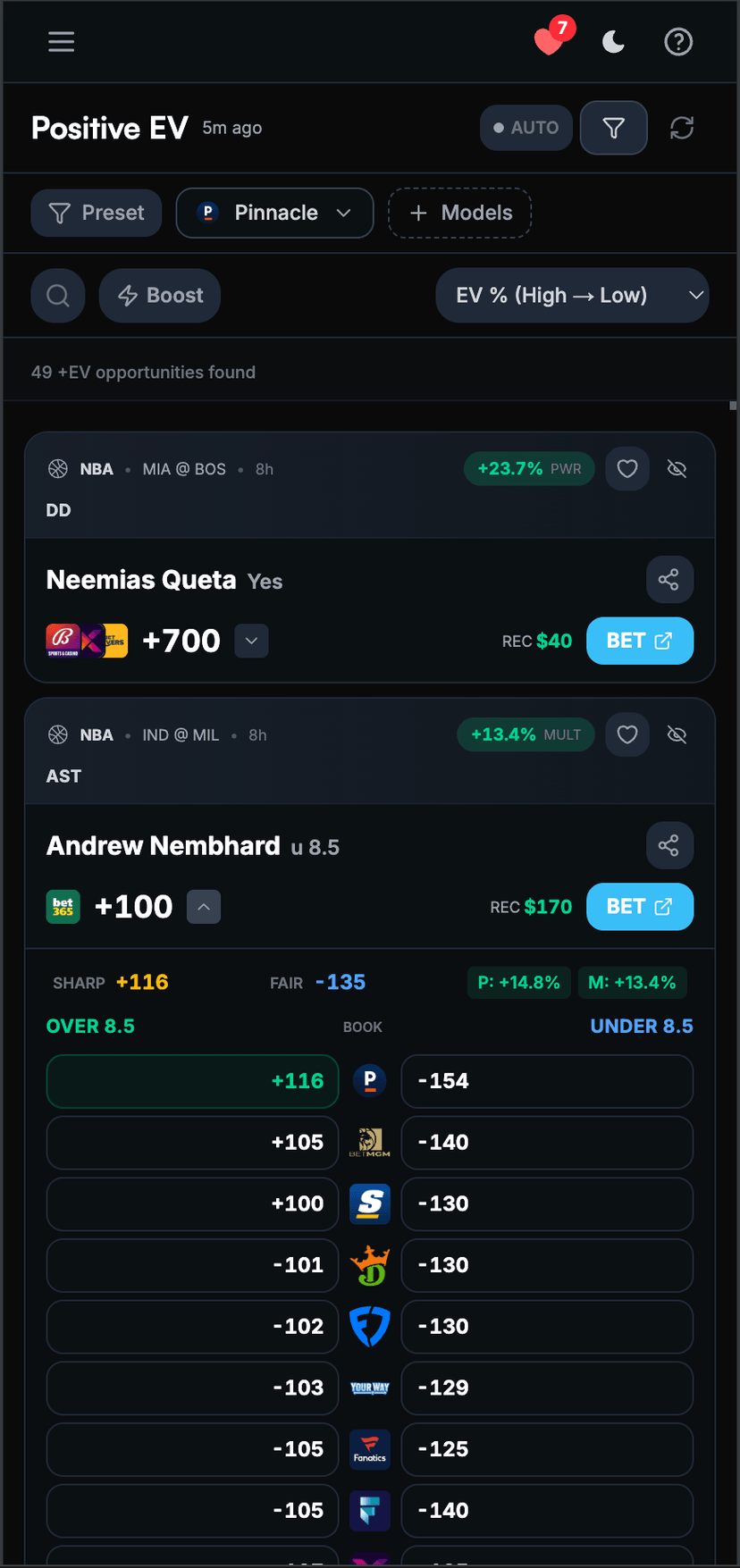 Positive EV mobile view