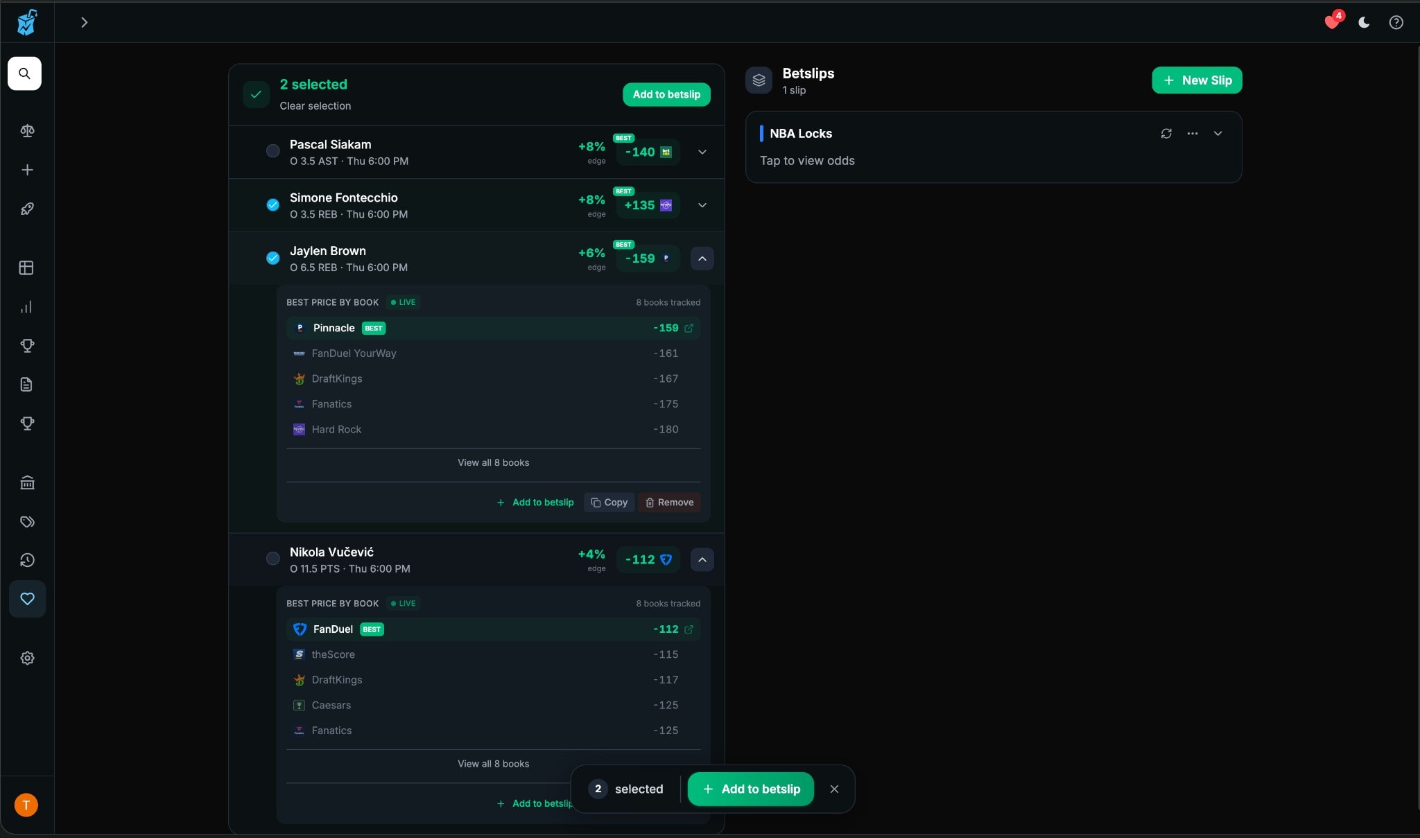 My Slips desktop view with play tracking and parlay builder