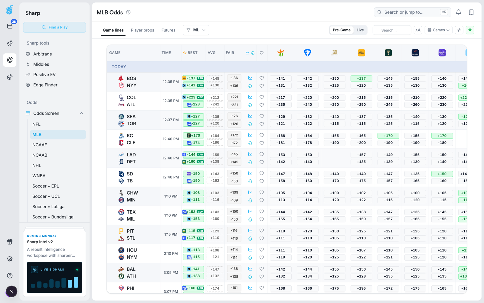 Odds Screen with sportsbook price columns and reference values