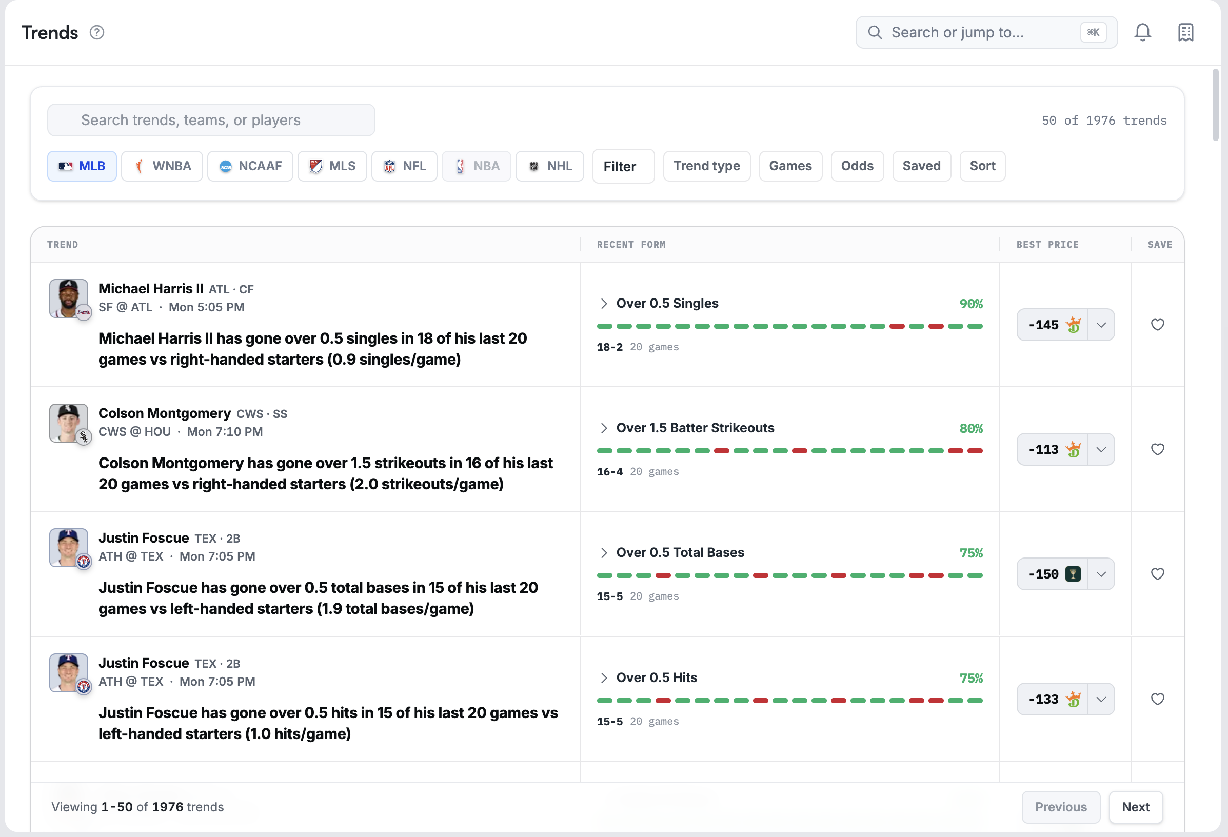 Trends workspace with league filters, recent form, prices, and save controls